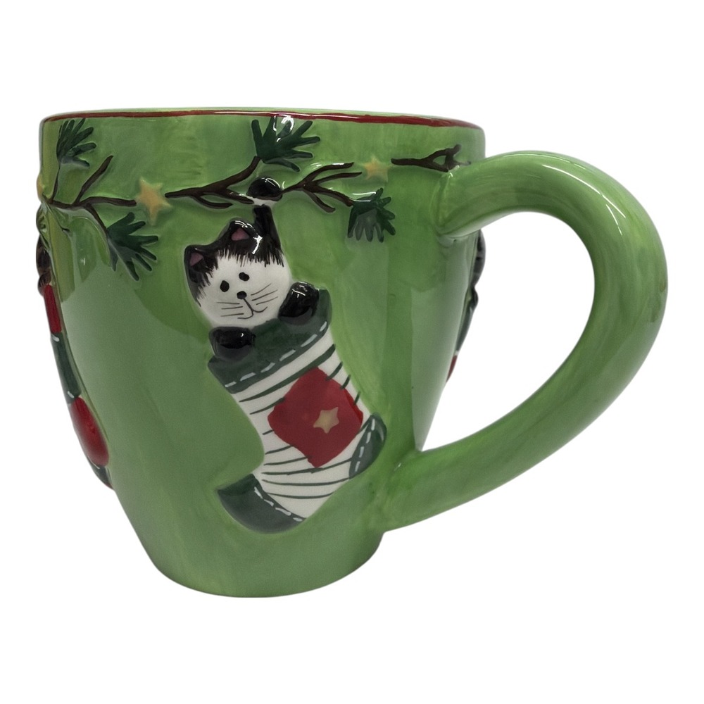 Oneida Earthenware Fiddlestix Stocking Cats 3D Christmas 16oz Coffee Cup Mug EUC